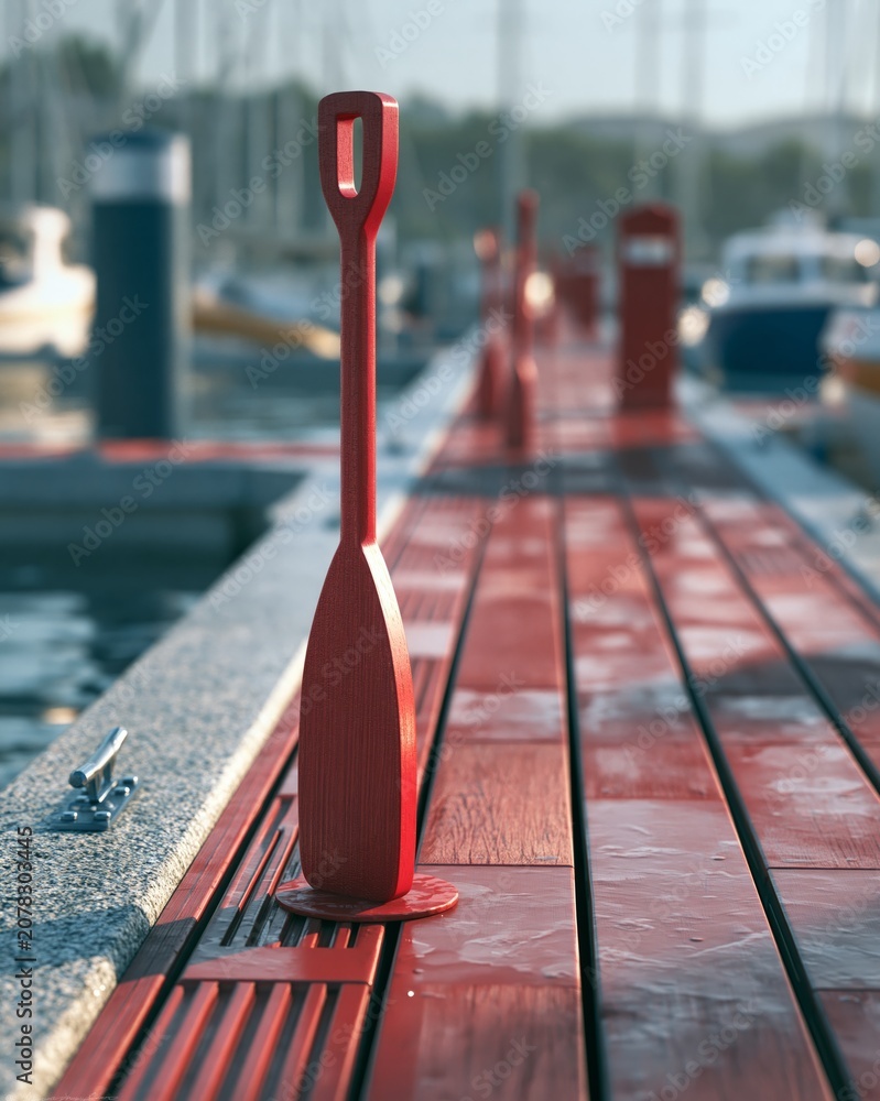 Fototapeta premium Red Queue Paddle Handle on Marina Dock for Boating Traffic Management