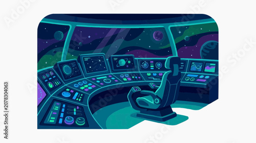 The interior of a futuristic spaceship bridge with advanced control panels, a pilot's seat, and a window showing a starry galaxy and planets.