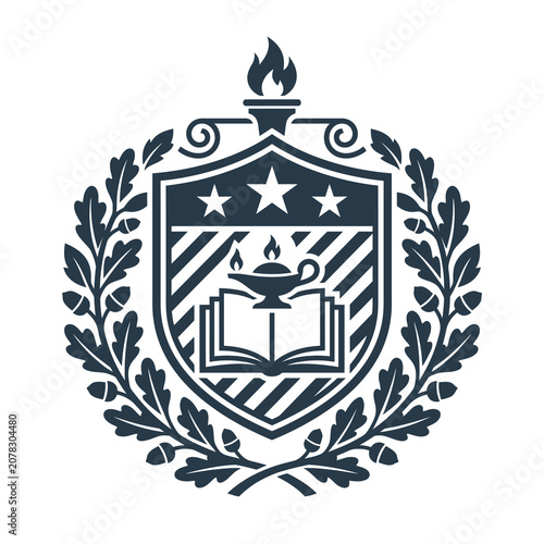 Academic shield emblem with wreath and book lamp icons.