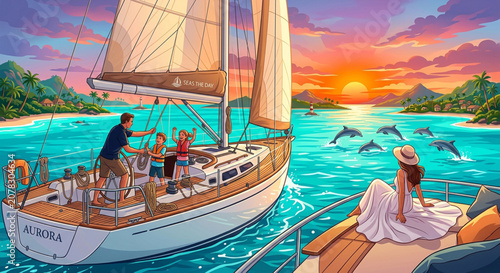 Sailing, sunset, dolphins, tropical, vacation, boat, sea, travel, relaxation, leisure