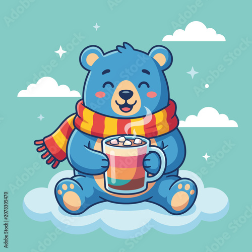 A cheerful blue bear wearing a striped scarf is sitting on a fluffy cloud, savoring a warm beverage with marshmallows, radiating warmth and coziness befitting a winter day.
