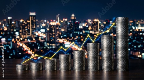 Financial growth concept with stacked coins and rising market graph over city skyline. Ideal for business, investment, banking, economy, and commercial background design projects