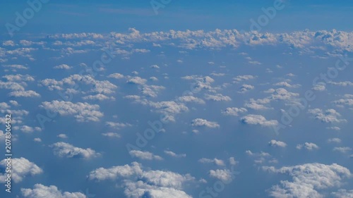 4K Motion landscape sky Aerial view summer tropical blue sky fluffy white cloud summertime sunny day cloudscape. Cumulus blue skyline spring sunlight climate background. Heaven environment