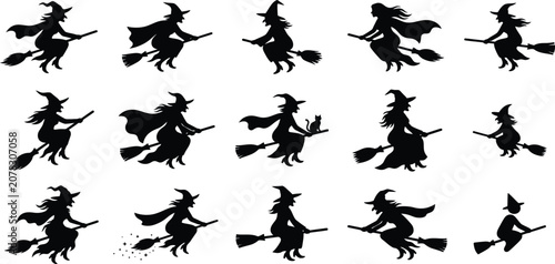 Obraz na płótnie Set of black silhouettes of witches flying on broomsticks for halloween party de