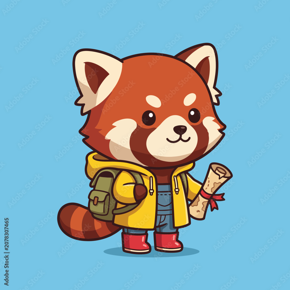 Fototapeta premium This image features an adorable cartoon red panda, equipped with a map and a backpack, conveying a sense of adventure and exploration in a playful and charming style.
