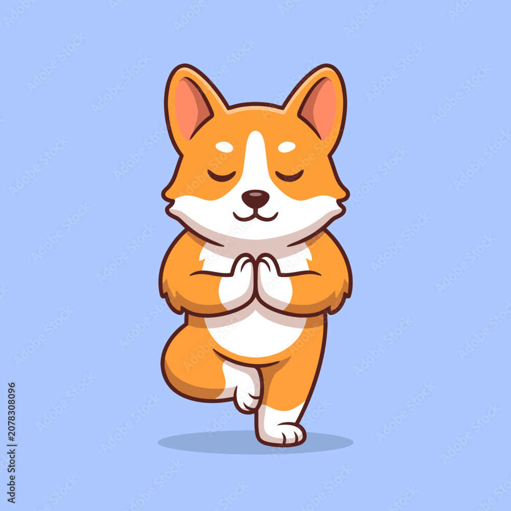 Fototapeta premium This adorable image features a corgi performing a yoga pose, embodying tranquility and happiness while promoting physical wellness and a peaceful mindset in a playful atmosphere.