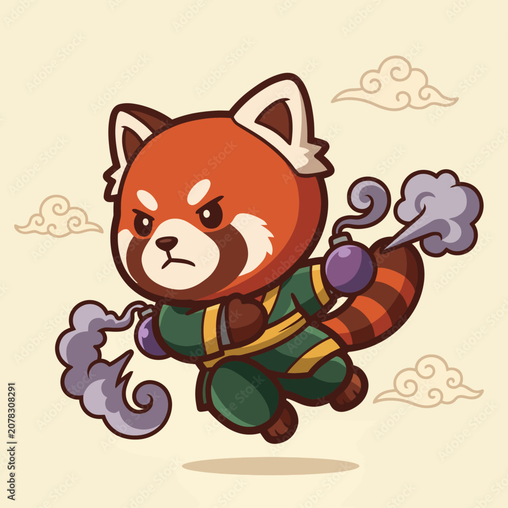Fototapeta premium This vibrant image portrays a fierce yet cute red panda character executing martial arts moves, showcasing action, energy, and a playful spirit.
