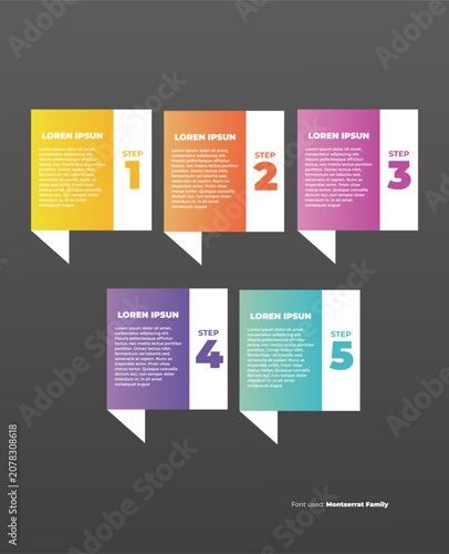 Business infographic timeline vector illustration with five steps and colorful geometric speech bubble pin cards over dark grey background