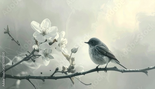 Delicate image of a small bird perched on a branch with white blossoms in a soft, hazy setting