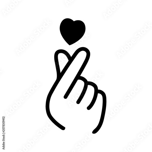 Finger Heart Hand Gesture Illustration, Black Korean Love Symbol with Heart, Cute K Pop Valentine Romance Clipart on White Background