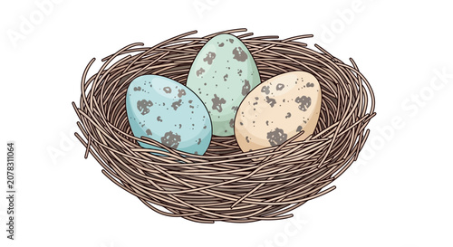 Three colorful eggs in nest.