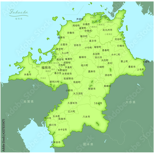 すべての市町村名を日本語で表記した、立体感のある日本の福岡県と周辺地域の地図。A map of Fukuoka Prefecture, Japan, and the surrounding area.
