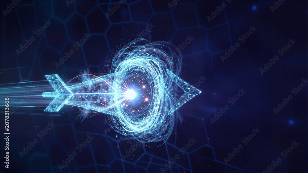 Fototapeta premium A glowing blue arrow composed of particles, set against a hexagonal grid background.