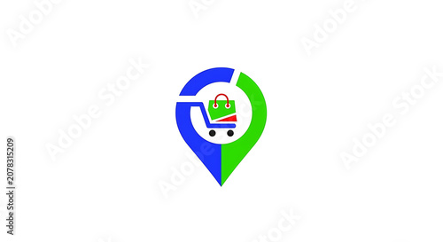Shopping Cart and Bag inside a Location Pin Logo for E-commerce Store Finder and Delivery Service