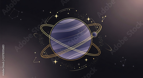 Minimalist Celestial Planet Illustration with Golden Orbital Rings and Sparkling Constellations for Galactic Space Design