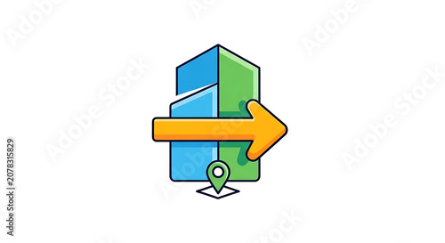 Real Estate Relocation Icon with Office Building Orange Arrow and Location Pin