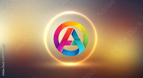 Modern Abstract Colorful Letter A Logo Design featuring Vibrant Rainbow Gradient Circle and Glowing Golden Ring Background