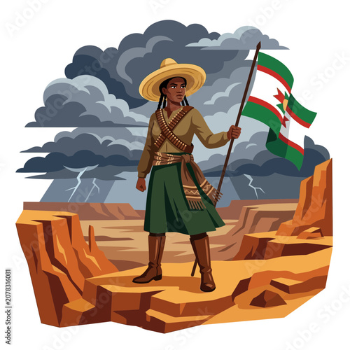 Woman holding Algerian flag in desert storm