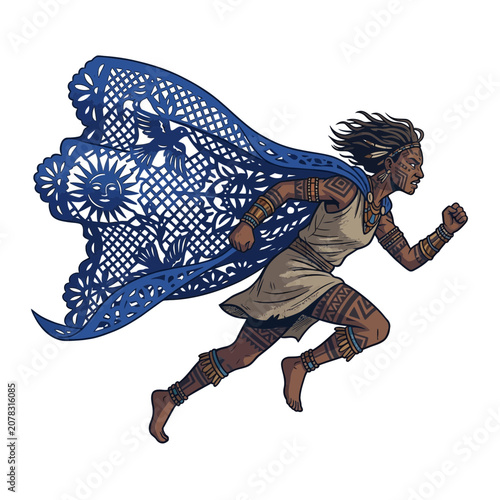Warrior Woman Running with Papel Picado Cape