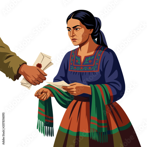 Woman receiving letter, traditional dress