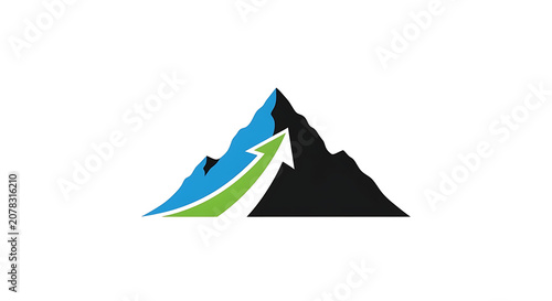 Mountain Peak Ascent with Green Arrow Symbolizing Growth and Success