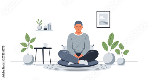 Fotografie A person sits in a cross-legged meditative pose on a cushion in a minimalist, plant-filled room, practicing mindfulness and relaxation