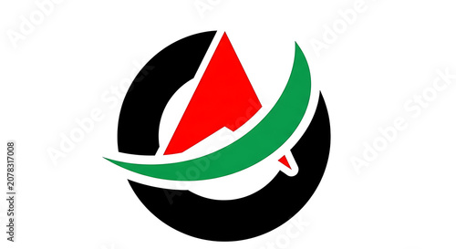 Modern Abstract Circular Corporate Logo Design Featuring a Bold Red Triangle and Dynamic Green Swoosh Element