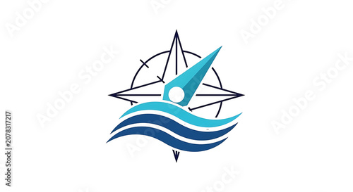 Stylized Compass Rose with Blue Ocean Waves and Fountain Pen Nib Logo Design