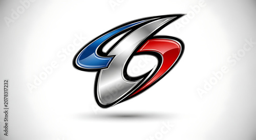 A dynamic, abstract metallic logo design with red, blue, and silver accents, suggesting speed and motion