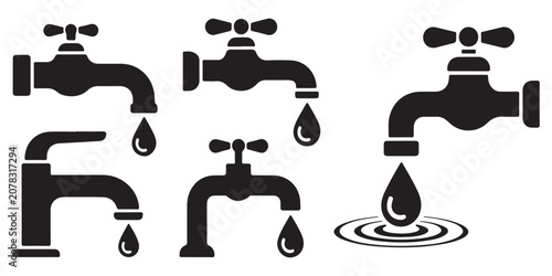 Foto Collection of various black water faucet silhouettes with falling drop icons for plumbing repair and pipe systems