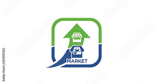 Market growth logo design with upward arrow and shop icons in green and blue colors