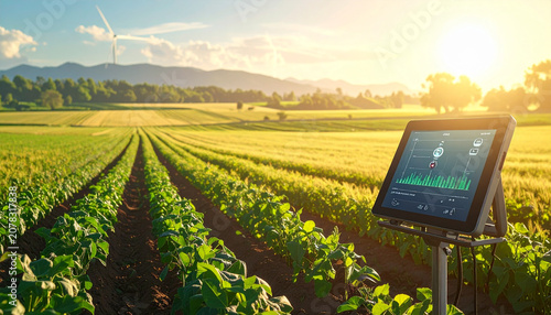 Smart digital farming tablet monitoring green crop field at sunset