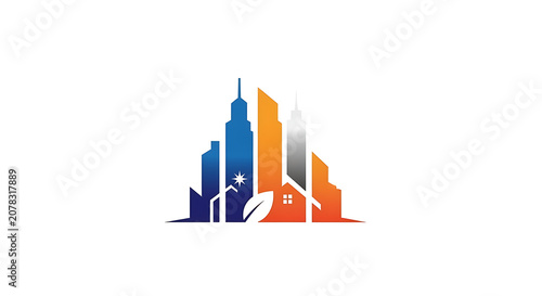 Modern city skyline logo featuring buildings and a leaf symbolizing eco-friendly urban development
