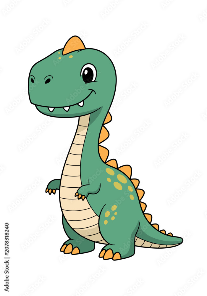 Fototapeta premium Cute cartoon dinosaur with a friendly smile, standing upright, ready for adventure.