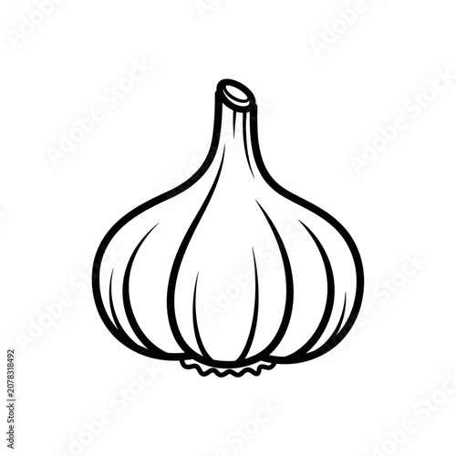 Detailed black and white illustration of a fresh garlic bulb.