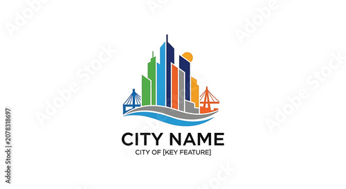 Modern colorful city skyline logo with skyscrapers and bridge