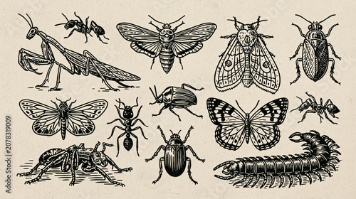 vintage entomology illustration with insects and arachnids in comic book style