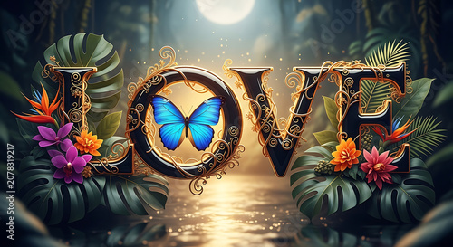 Decorative LOVE typography featuring blue butterfly and tropical flowers in exotic moonlit jungle scene