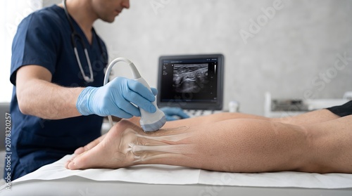 Doctor Performing Achilles Tendon Ultrasound Examination for Injury Diagnosis