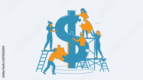 Teamwork construction workers building dollar sign structure