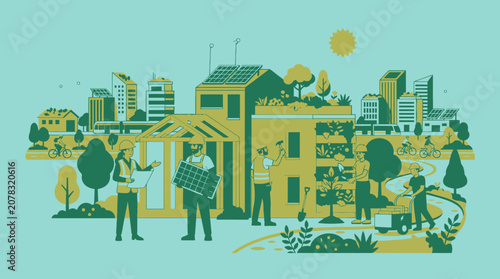 Eco friendly cityscape with people and green buildings illustration