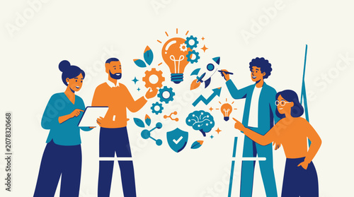 Diverse group of people brainstorming with creative ideas and innovation concepts