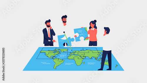Business team working together on global strategy puzzle