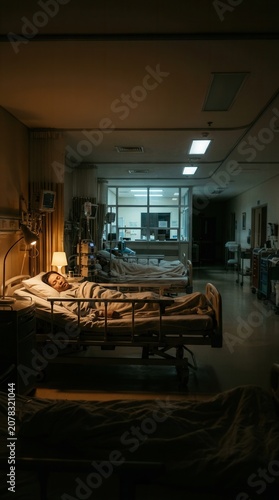 Solitary Patient Resides In Dark Hospital Ward Under Dim Illumination