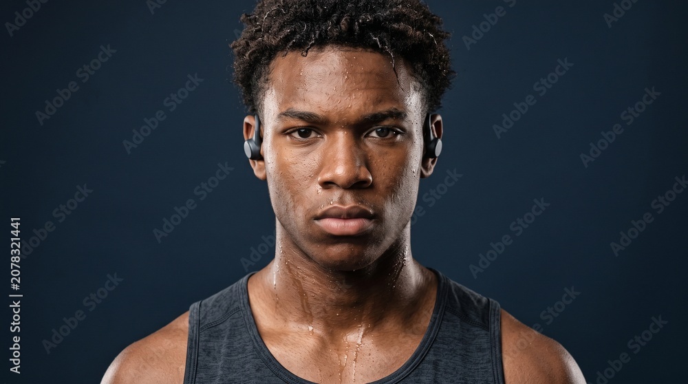 Obraz premium Young Black Man Sweaty After Workout Wearing Wireless Earbuds