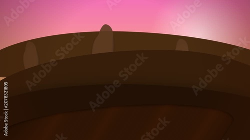 Abstract 2D Animation of Rolling Brown Hills Under a Pink Sunset Sky.