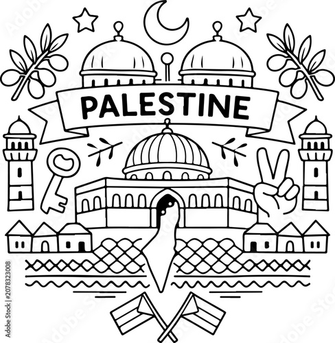 palestine landmarks cartoon outline hand drawn Line Art illustration doodle art coloring page for kids