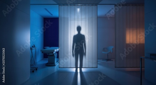 Silhouette Of A Person Behind Vertical Blinds In A Modern Room