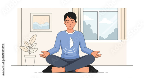 фотографія A calm man sits in a meditative lotus pose on the floor of a bright room, focusing on his inner peace and mindfulness