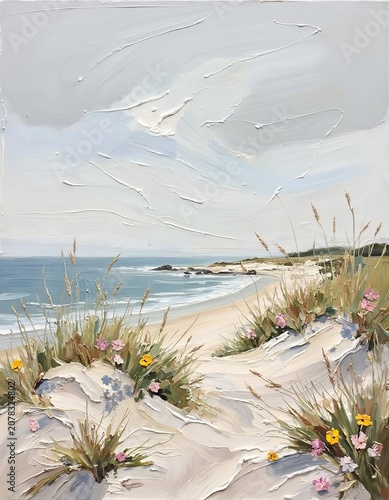 Coastal landscape with sandy dunes, wildflowers, and ocean view under cloudy sky